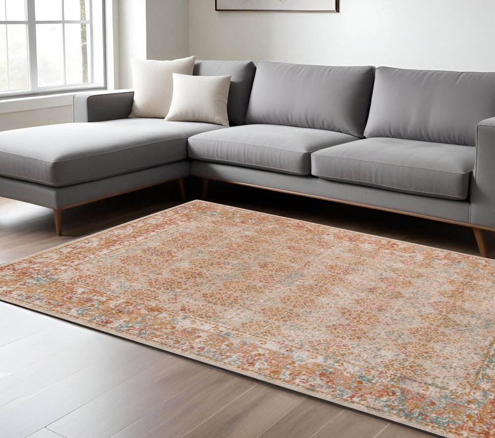 7' Beige Orange And Teal Southwestern Runner Rug