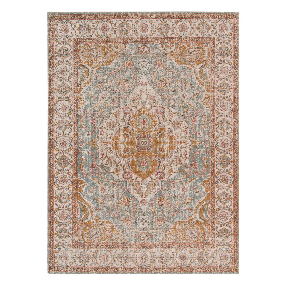 5' X 8' Orange Light Blue And Beige Oriental Area Rug