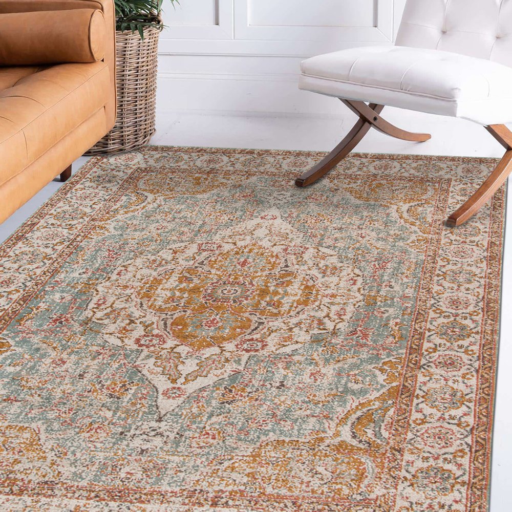5' X 8' Orange Light Blue And Beige Oriental Area Rug
