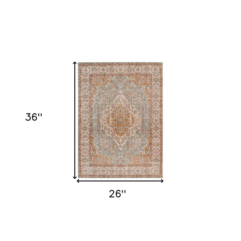 5' X 8' Orange Light Blue And Beige Oriental Area Rug