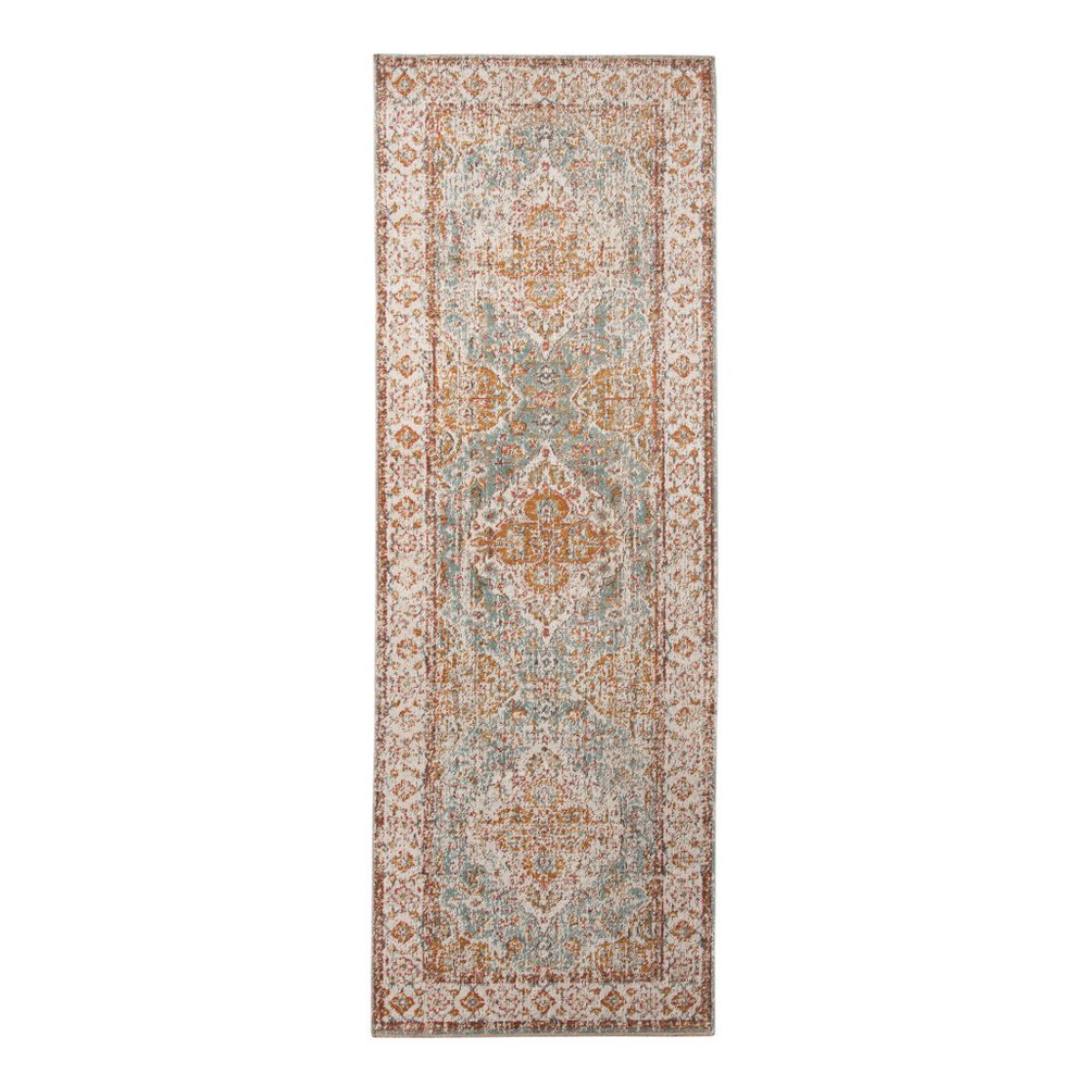 5' X 8' Orange Light Blue And Beige Oriental Area Rug