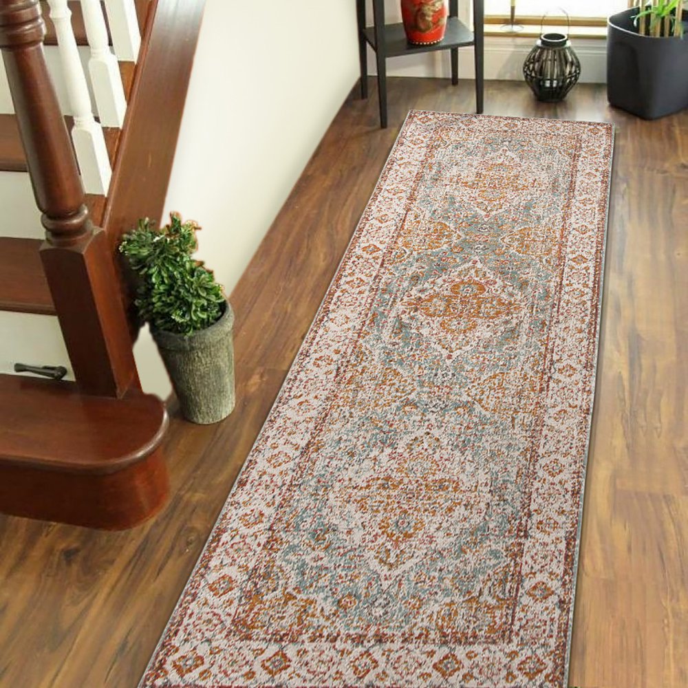 5' X 8' Orange Light Blue And Beige Oriental Area Rug