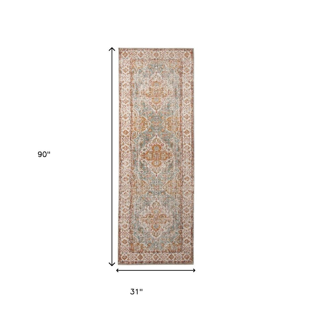 5' X 8' Orange Light Blue And Beige Oriental Area Rug