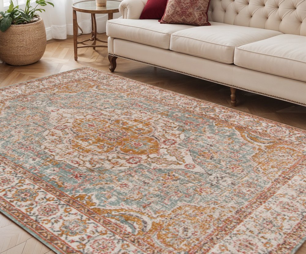 5' X 8' Orange Light Blue And Beige Oriental Area Rug