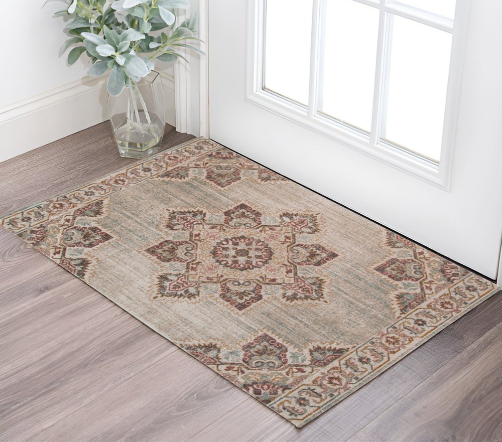 2' X 3' Beige Rust And Teal Medallion Area Rug