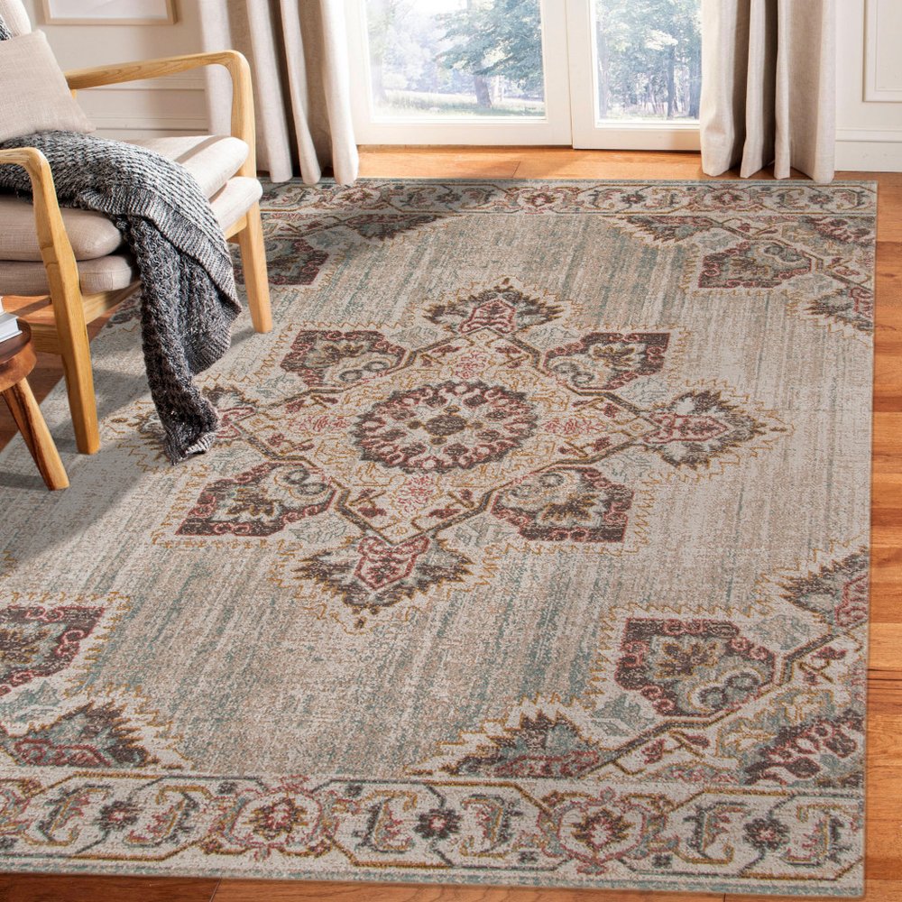 2' X 3' Beige Rust And Teal Medallion Area Rug
