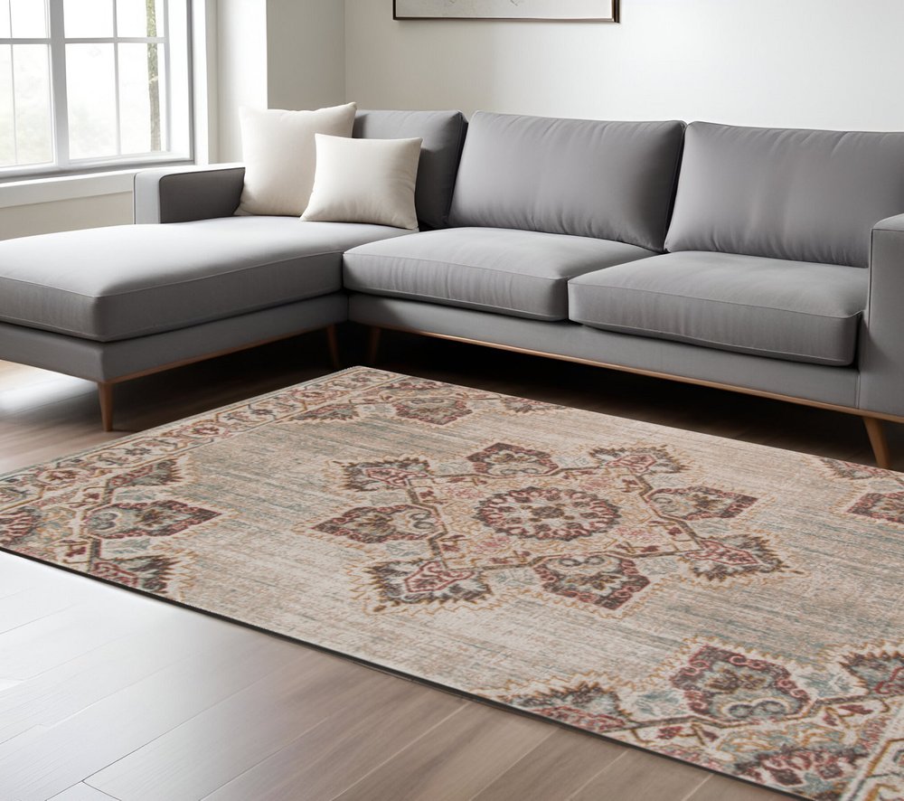 2' X 3' Beige Rust And Teal Medallion Area Rug