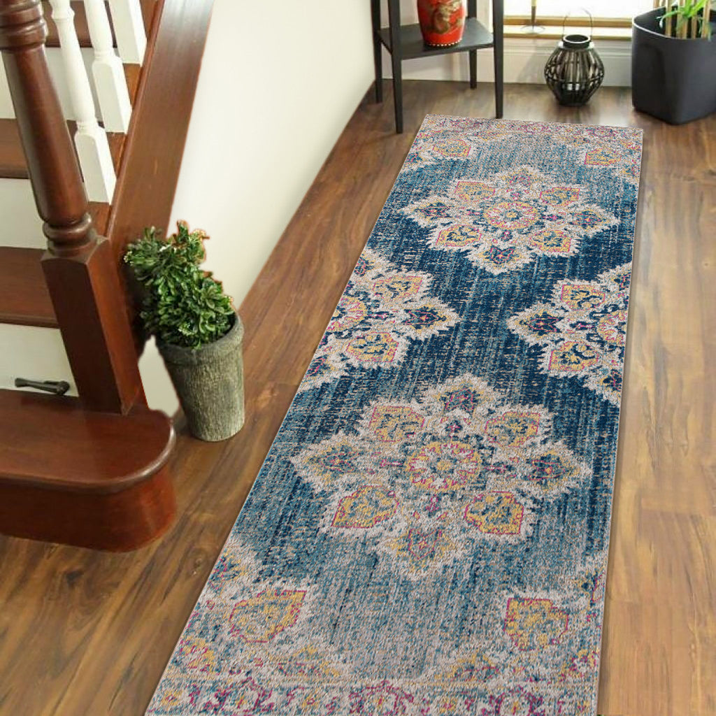10' X 14' Blue Rust And Beige Medallion Area Rug
