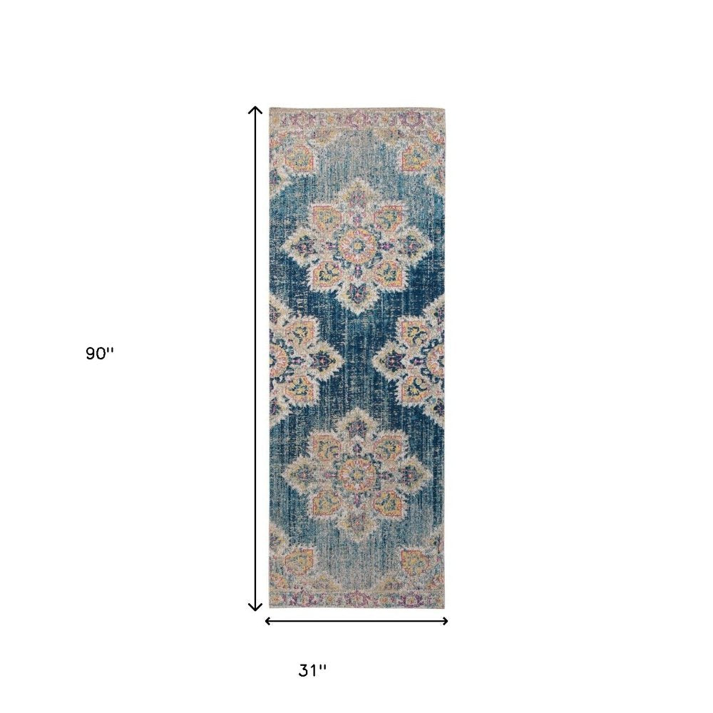 10' X 14' Blue Rust And Beige Medallion Area Rug