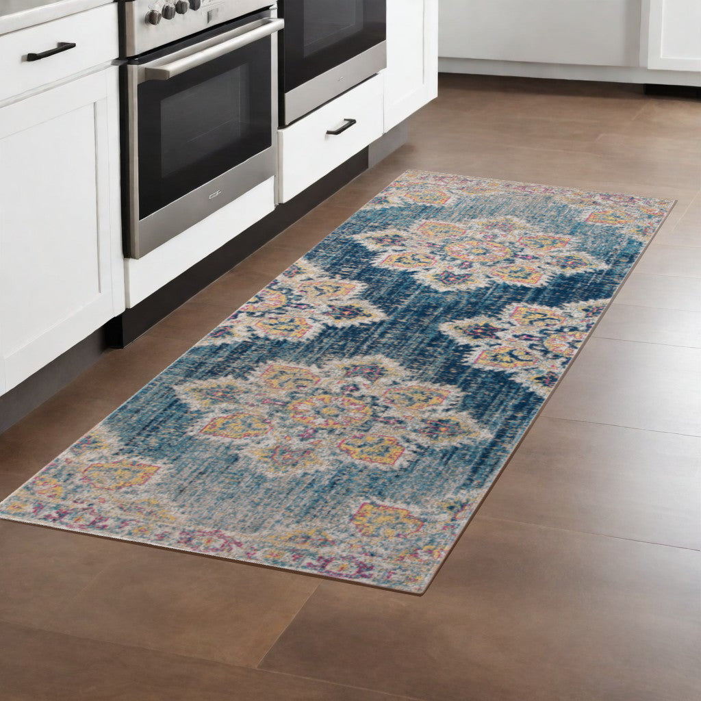 10' X 14' Blue Rust And Beige Medallion Area Rug