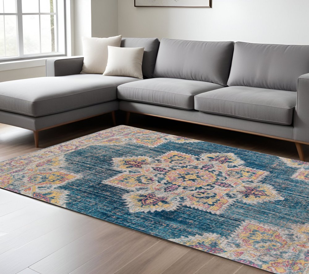 10' X 14' Blue Rust And Beige Medallion Area Rug