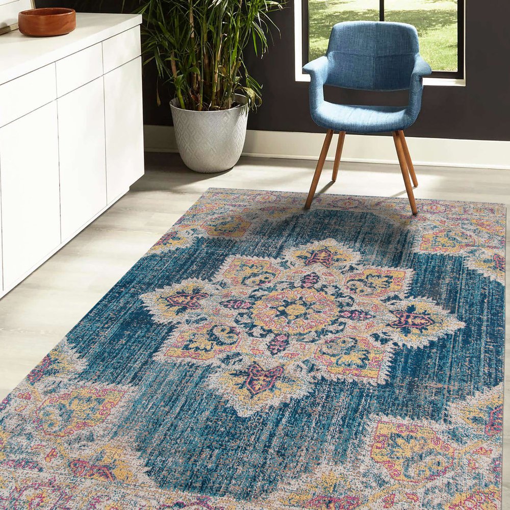 10' X 14' Blue Rust And Beige Medallion Area Rug
