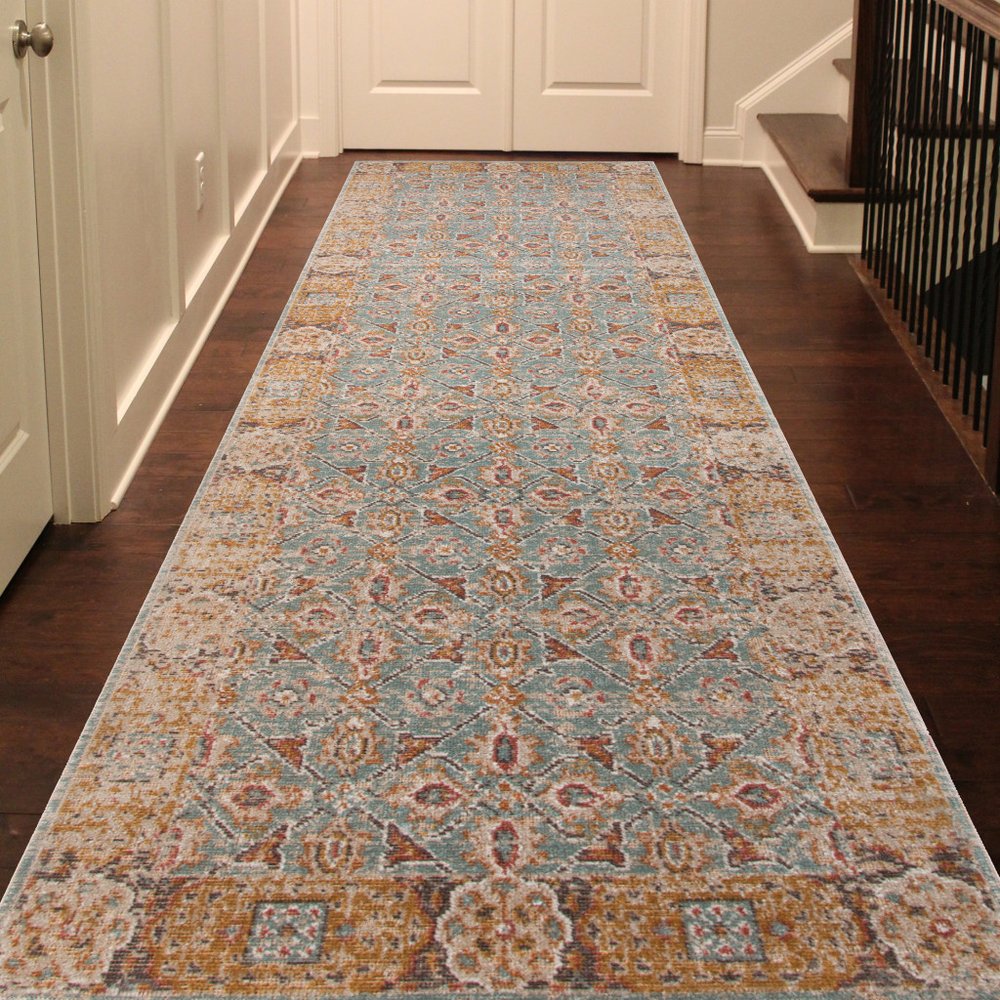 7' Teal Red And Orange Floral Runner Rug