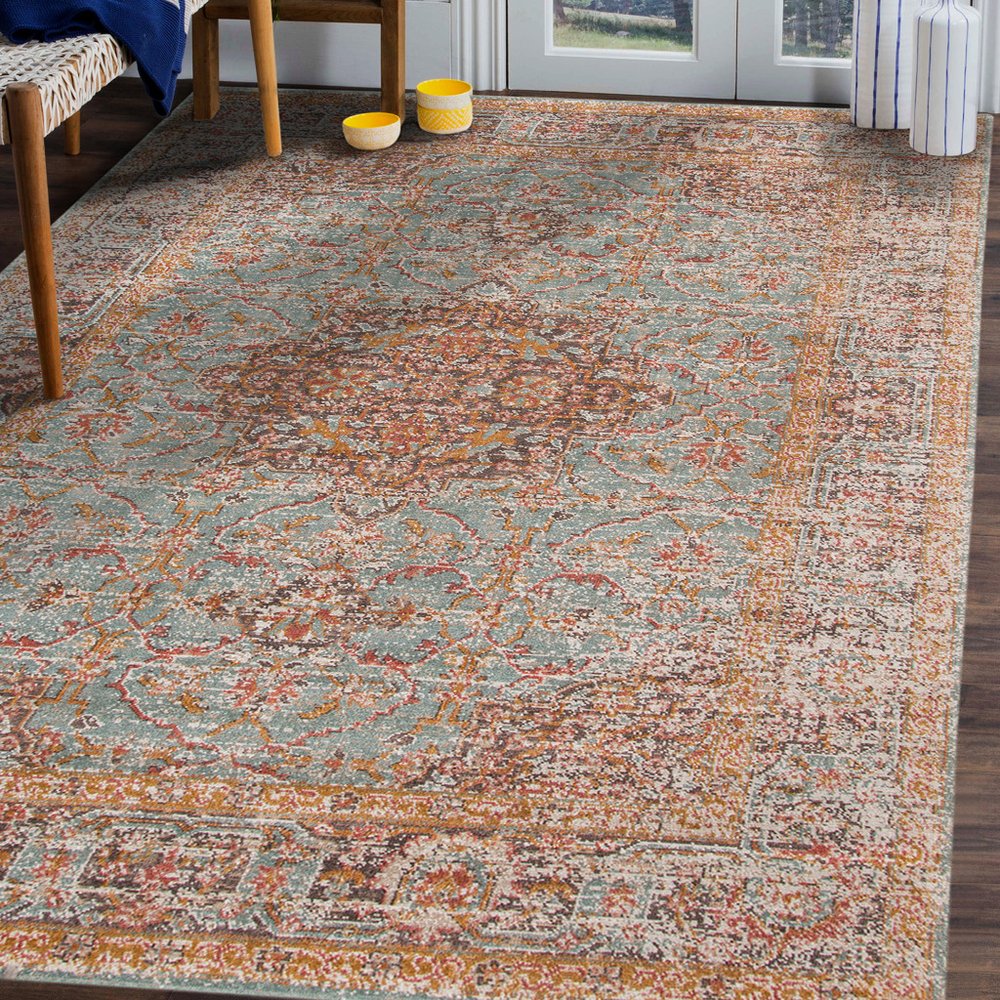 2' X 3' Teal Red And Orange Medallion Area Rug