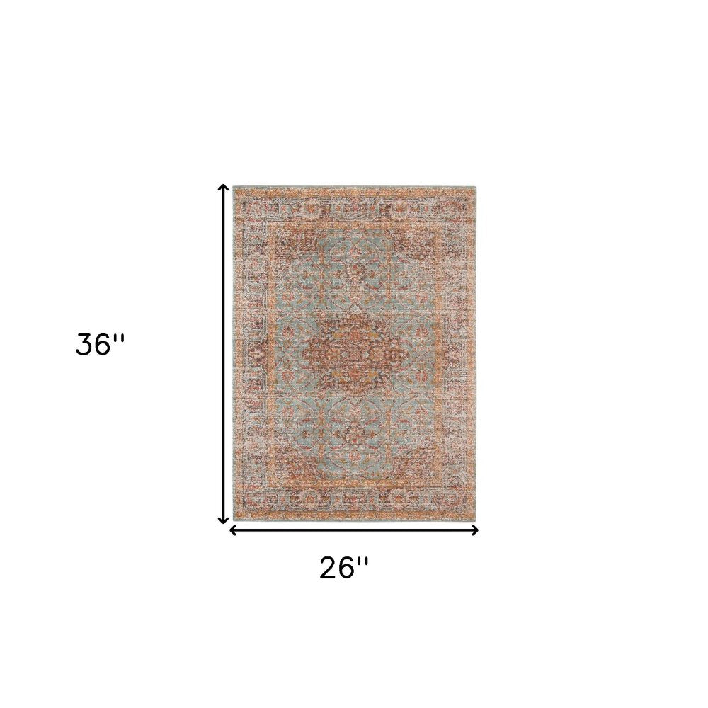 2' X 3' Teal Red And Orange Medallion Area Rug