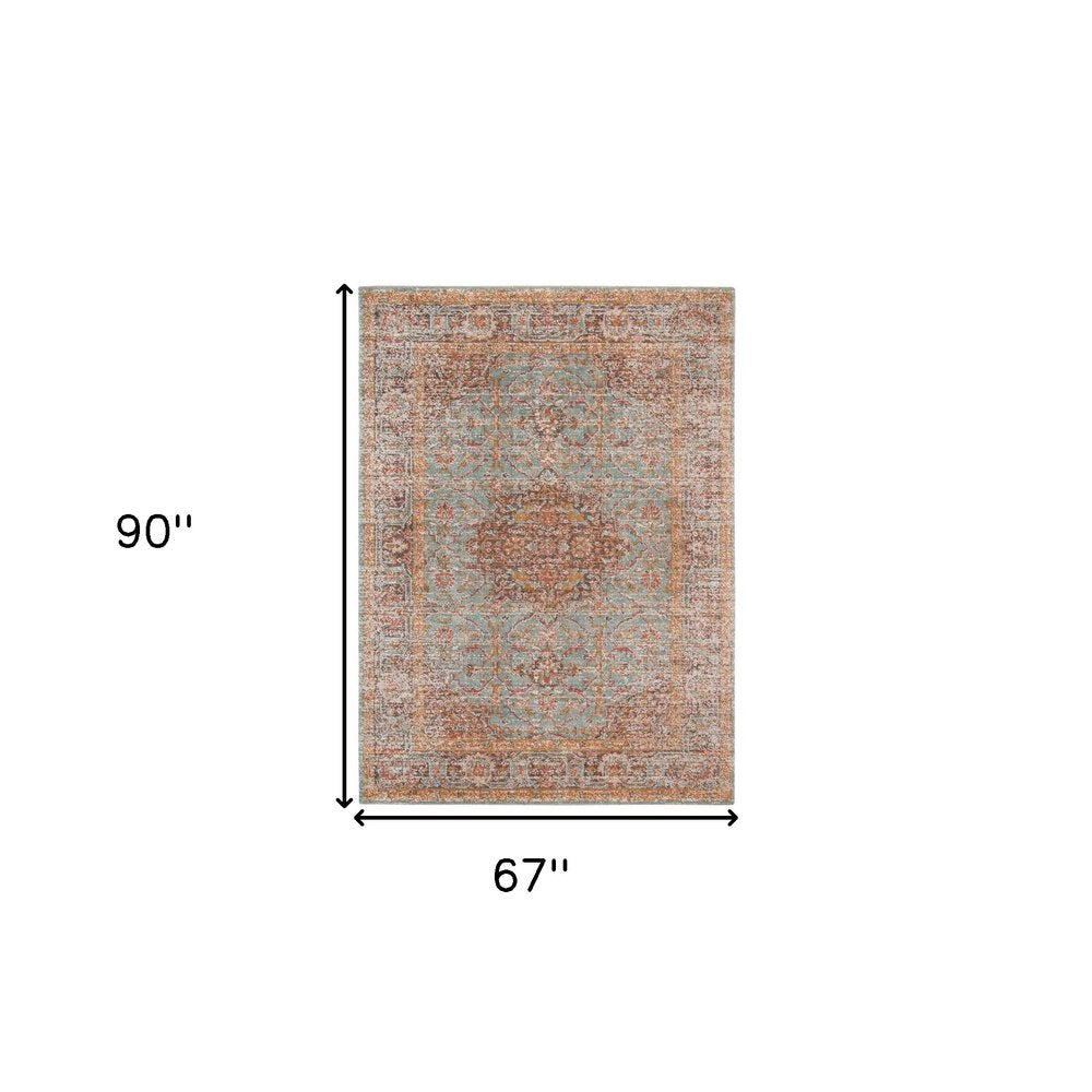 2' X 3' Teal Red And Orange Medallion Area Rug