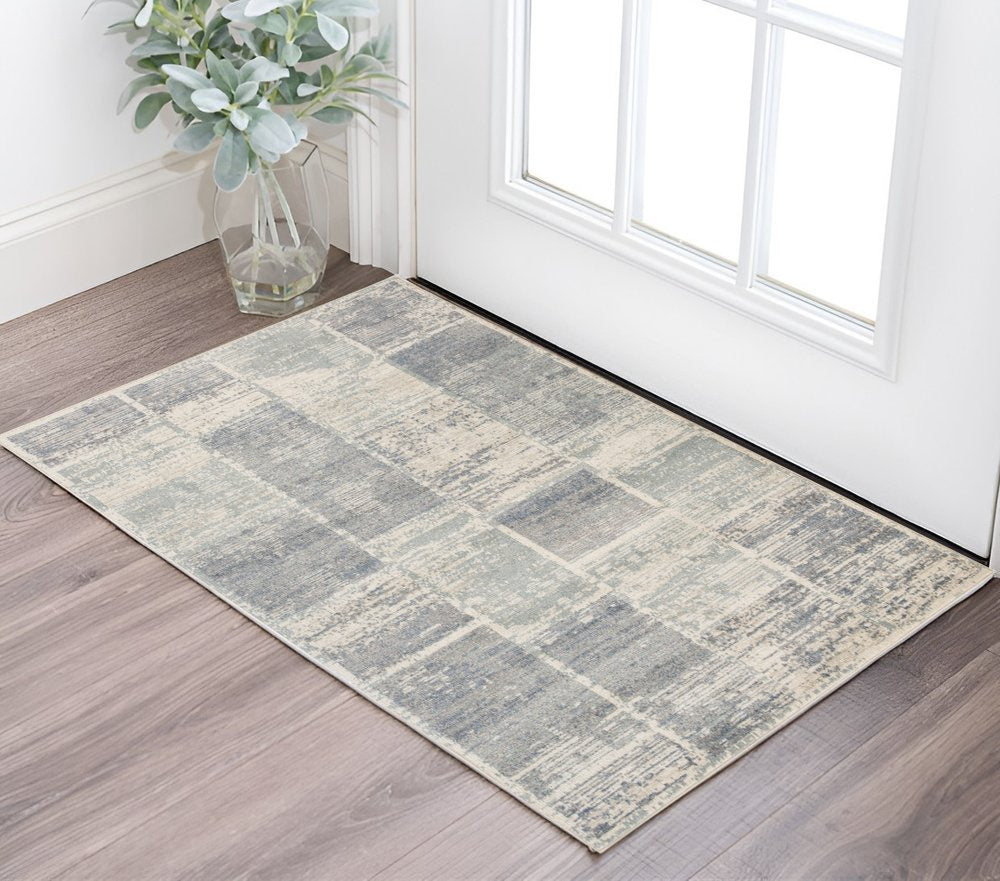 10' Gray Light Blue And Ivory Geometric Runner Rug