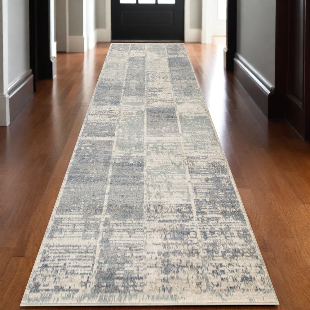 10' Gray Light Blue And Ivory Geometric Runner Rug
