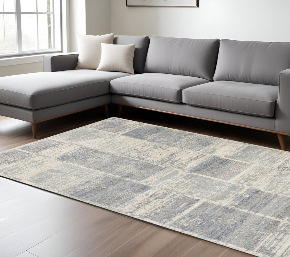 10' Gray Light Blue And Ivory Geometric Runner Rug