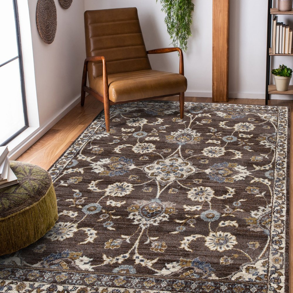 10' Ivory Blue And Brown Floral Runner Rug