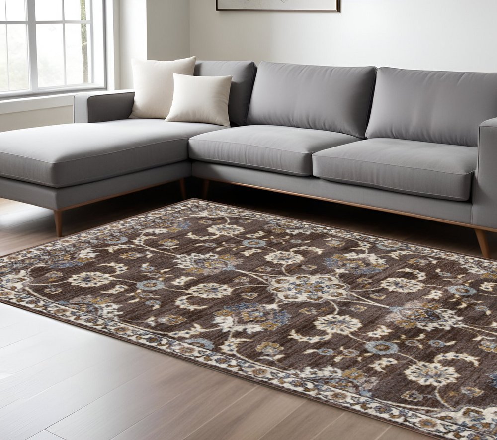 10' Ivory Blue And Brown Floral Runner Rug