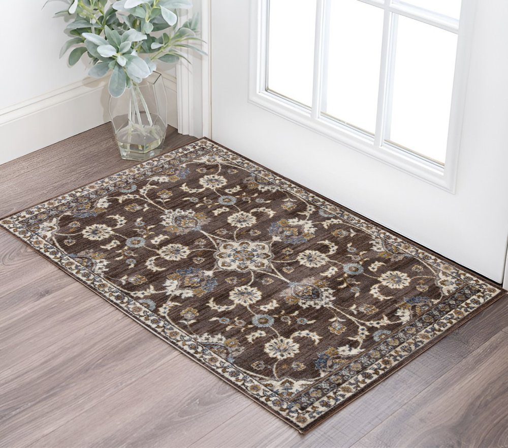 10' Ivory Orange And Dark Gray Floral Runner Rug