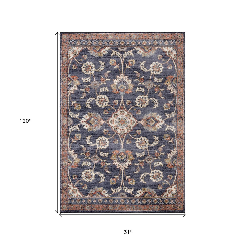 10' Ivory Orange And Dark Gray Floral Runner Rug