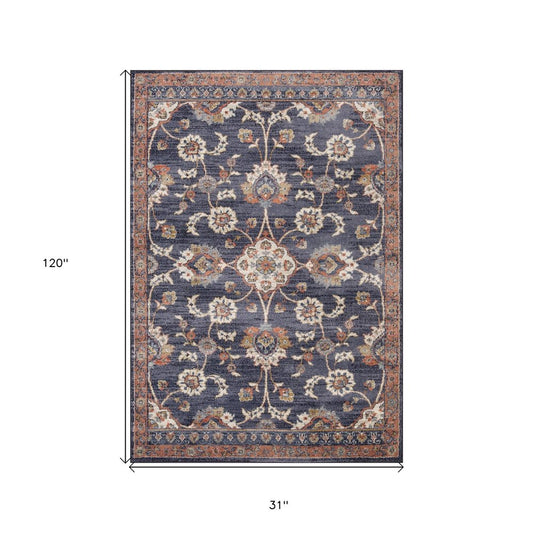 10' Ivory Orange And Dark Gray Floral Runner Rug