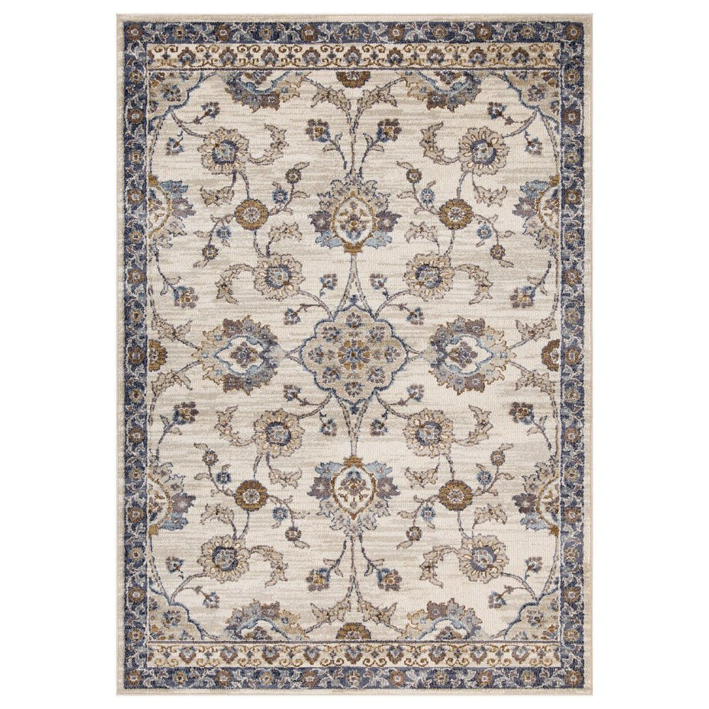 10' Ivory Charcoal And Blue Floral Runner Rug