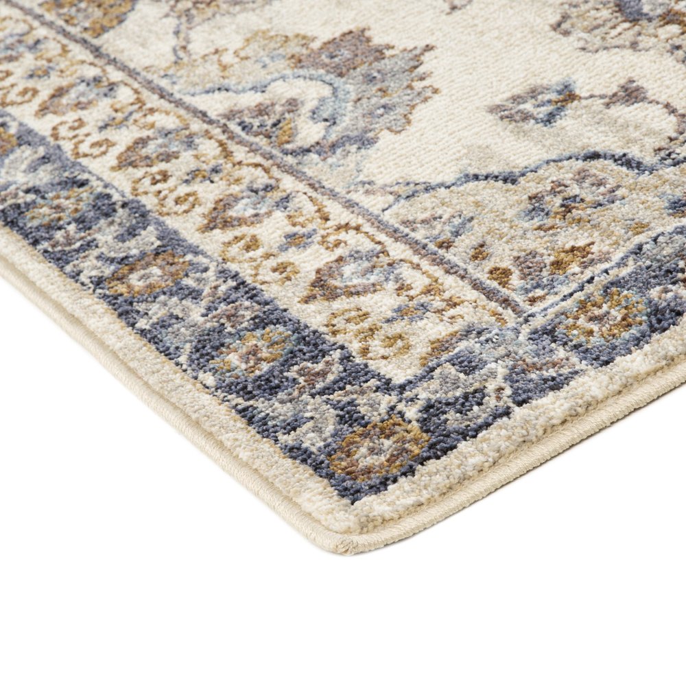 10' Ivory Charcoal And Blue Floral Runner Rug