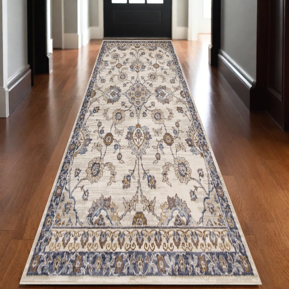 10' Ivory Charcoal And Blue Floral Runner Rug