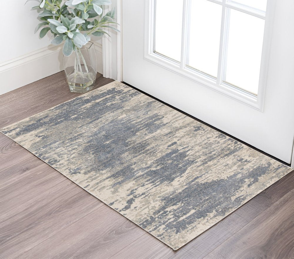 10' Ivory Blue And Gray Abstract Runner Rug