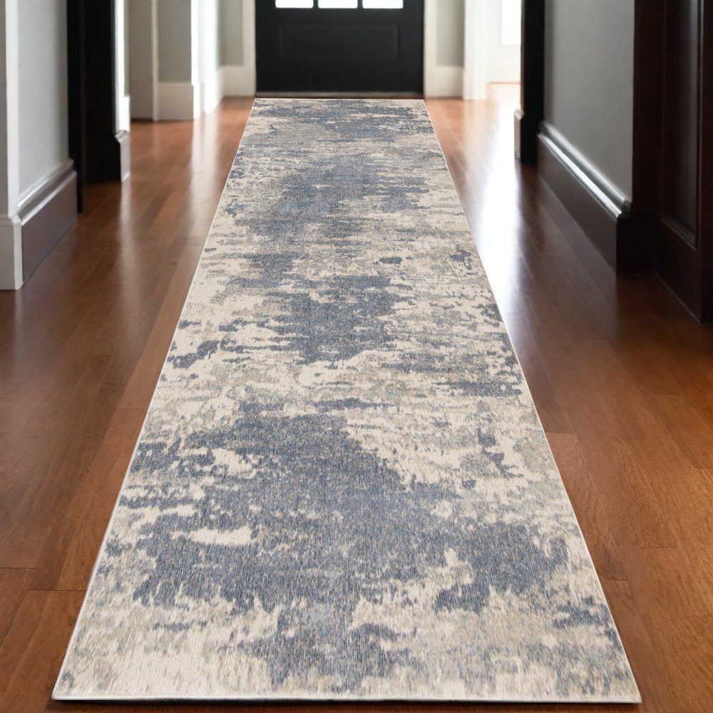 10' Ivory Blue And Gray Abstract Runner Rug