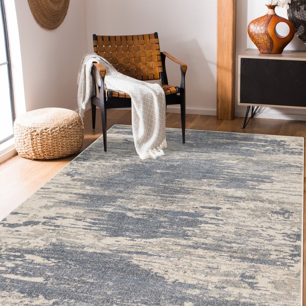 10' Ivory Blue And Gray Abstract Runner Rug