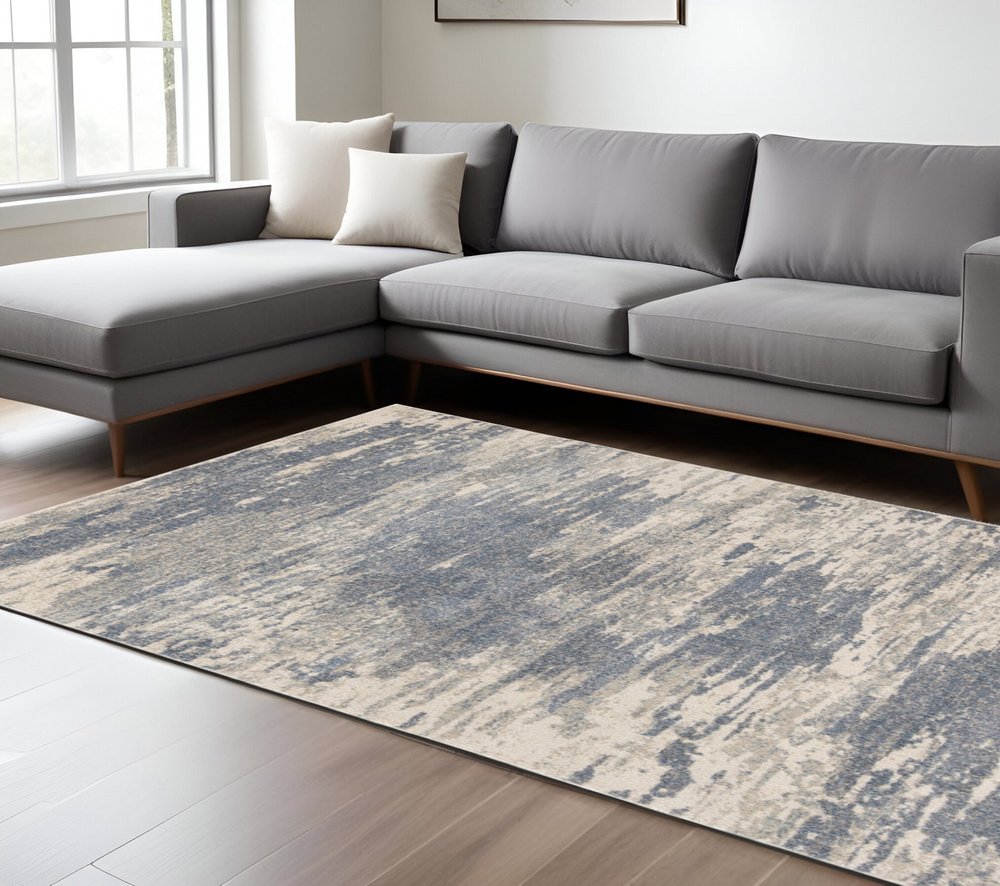 10' Ivory Blue And Gray Abstract Runner Rug