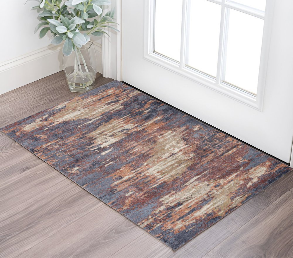 10' Ivory Rust And Blue Abstract Runner Rug