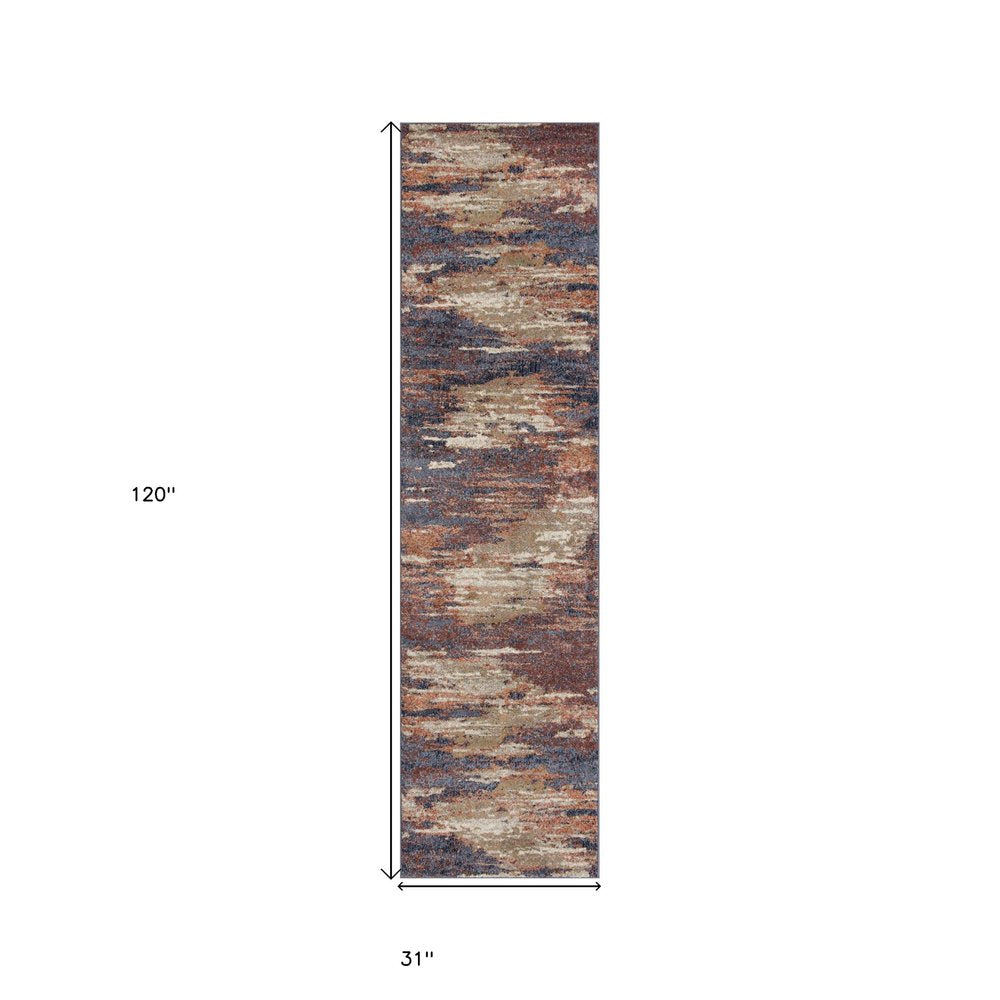 10' Ivory Rust And Blue Abstract Runner Rug