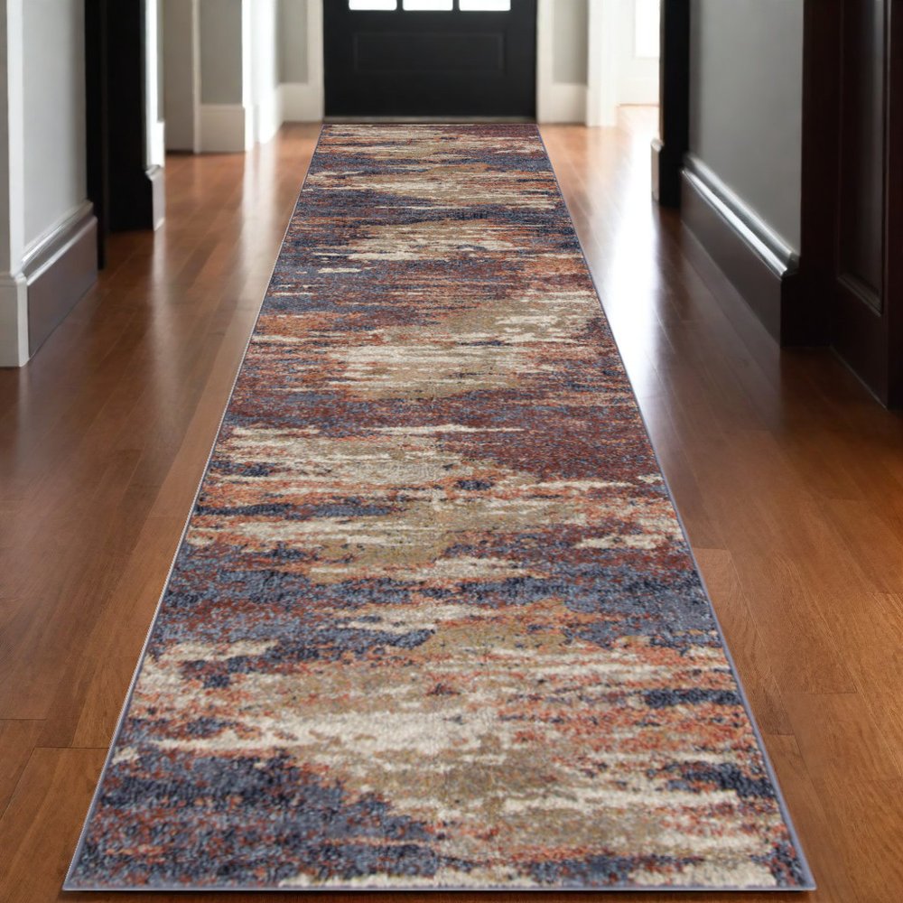 10' Ivory Rust And Blue Abstract Runner Rug