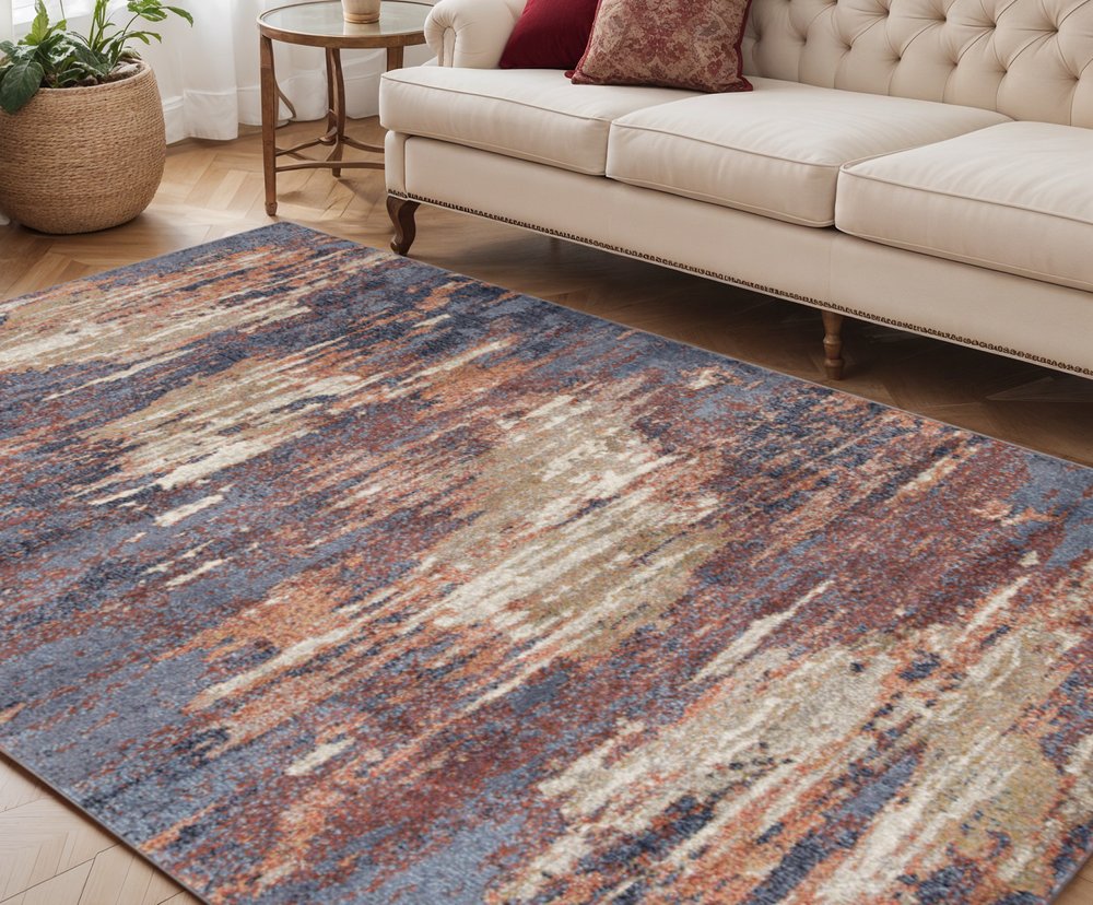 10' Ivory Rust And Blue Abstract Runner Rug