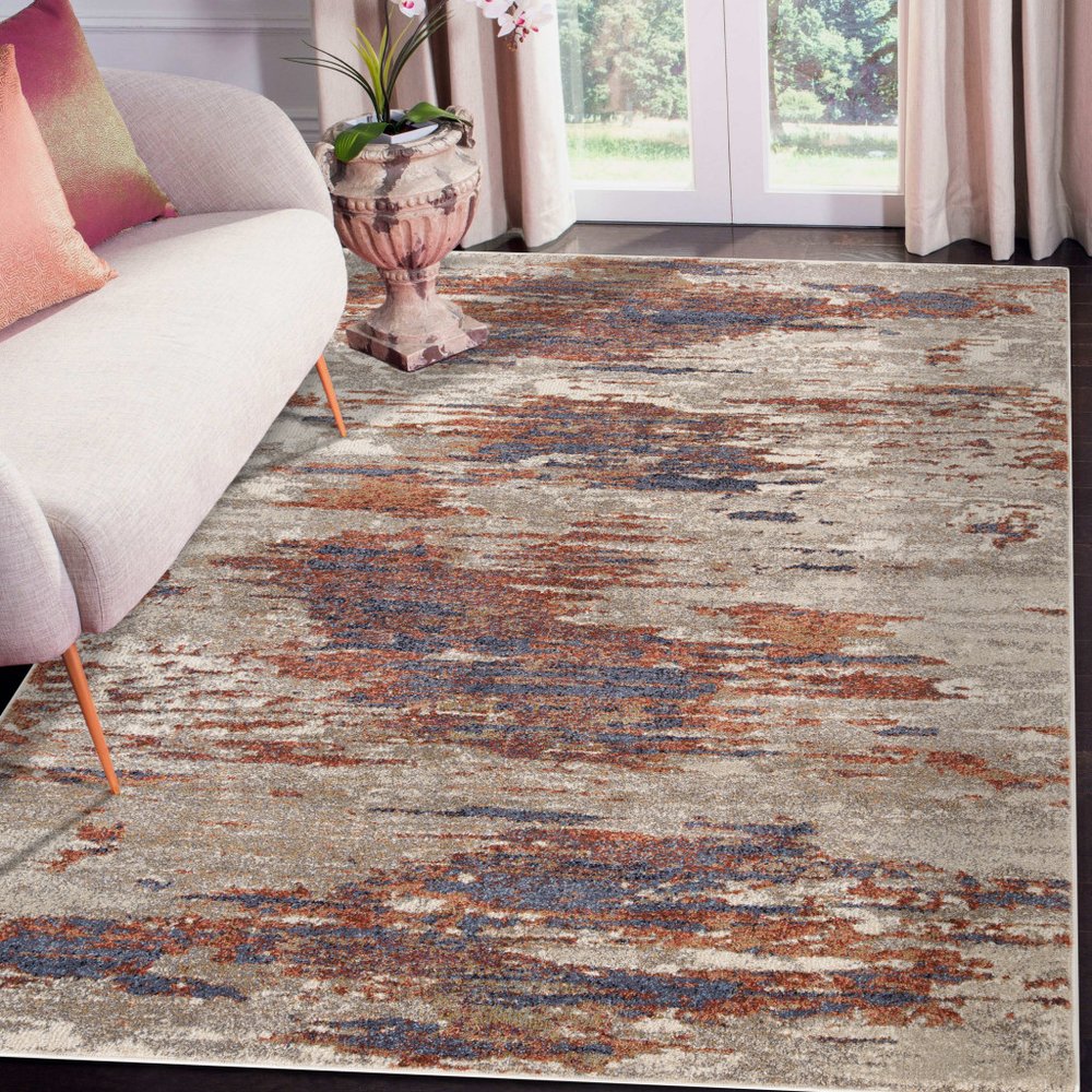 10' Beige Rust And Blue Abstract Runner Rug