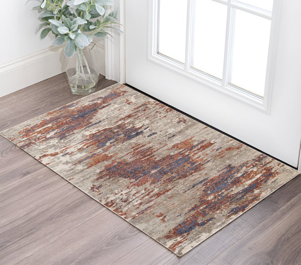 10' Beige Rust And Blue Abstract Runner Rug