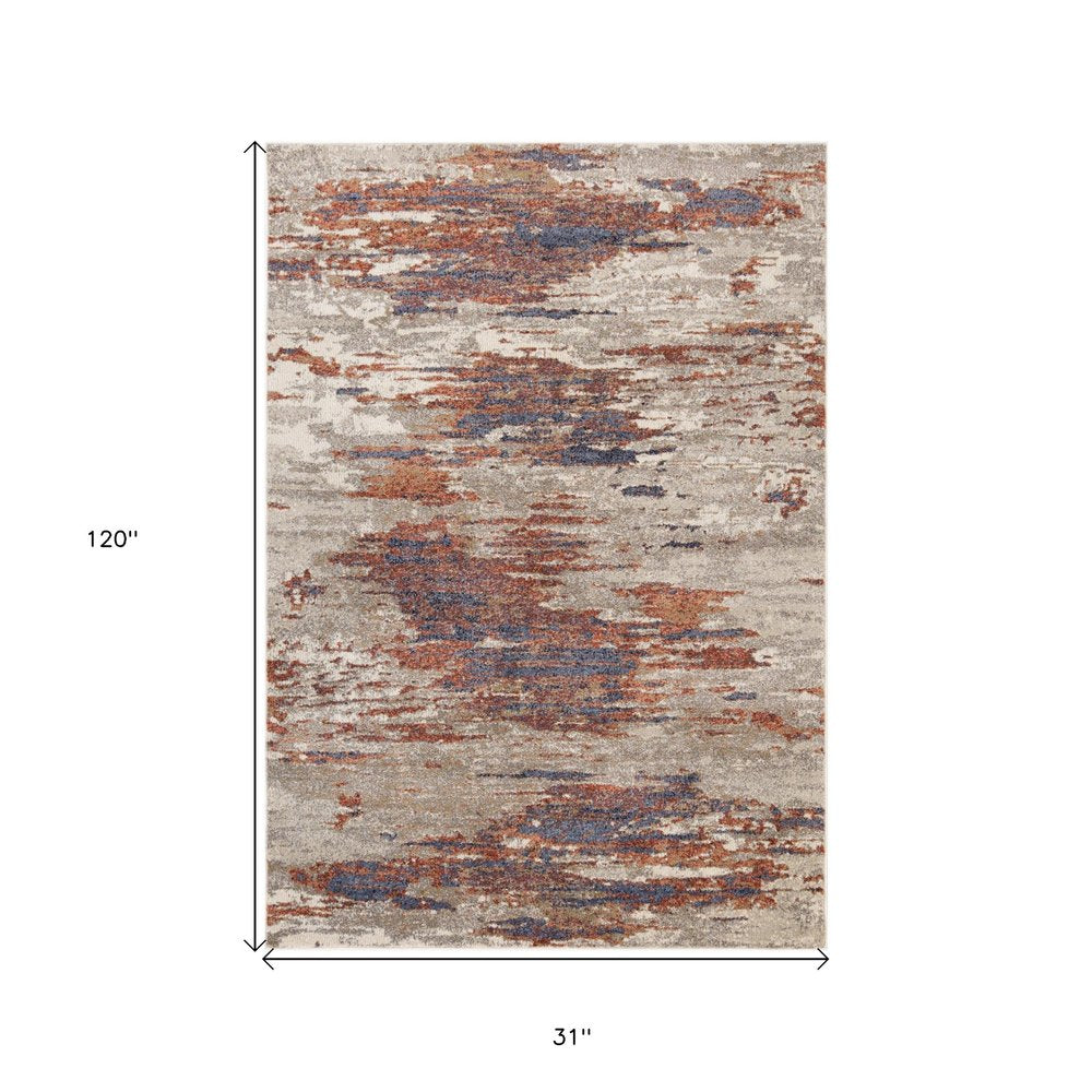 10' Beige Rust And Blue Abstract Runner Rug
