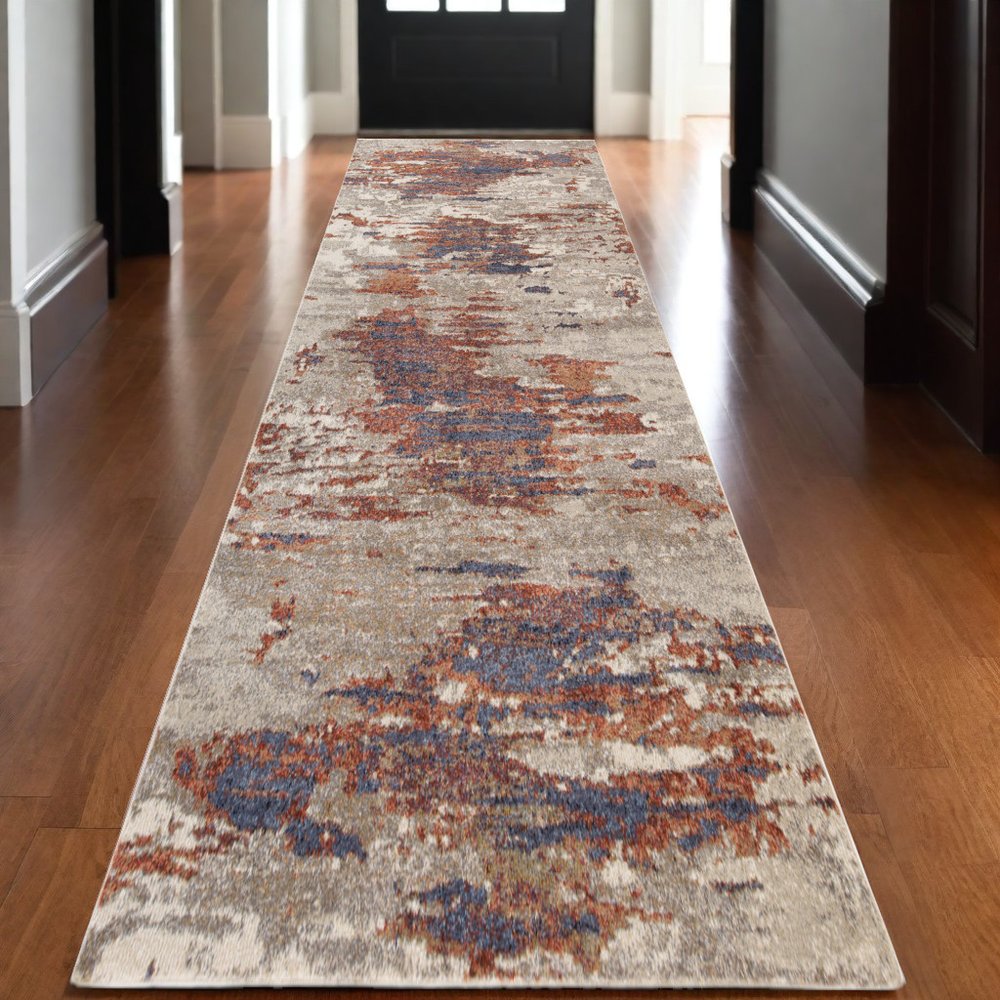 10' Beige Rust And Blue Abstract Runner Rug