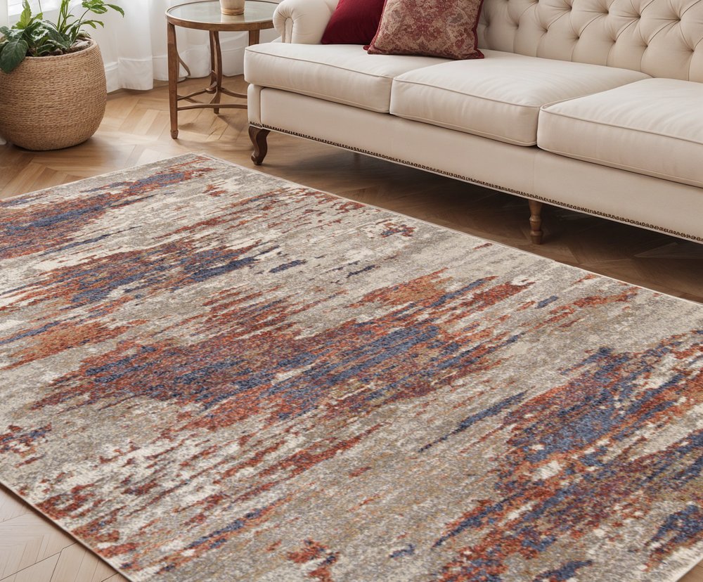 10' Beige Rust And Blue Abstract Runner Rug