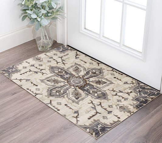 2' X 3' Ivory Gray and Black Floral Medallion Power Loom Area Rug