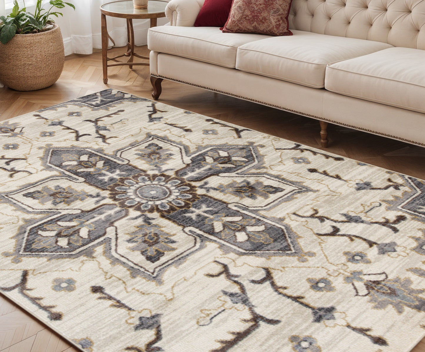 2' X 3' Ivory Gray and Black Floral Medallion Power Loom Area Rug