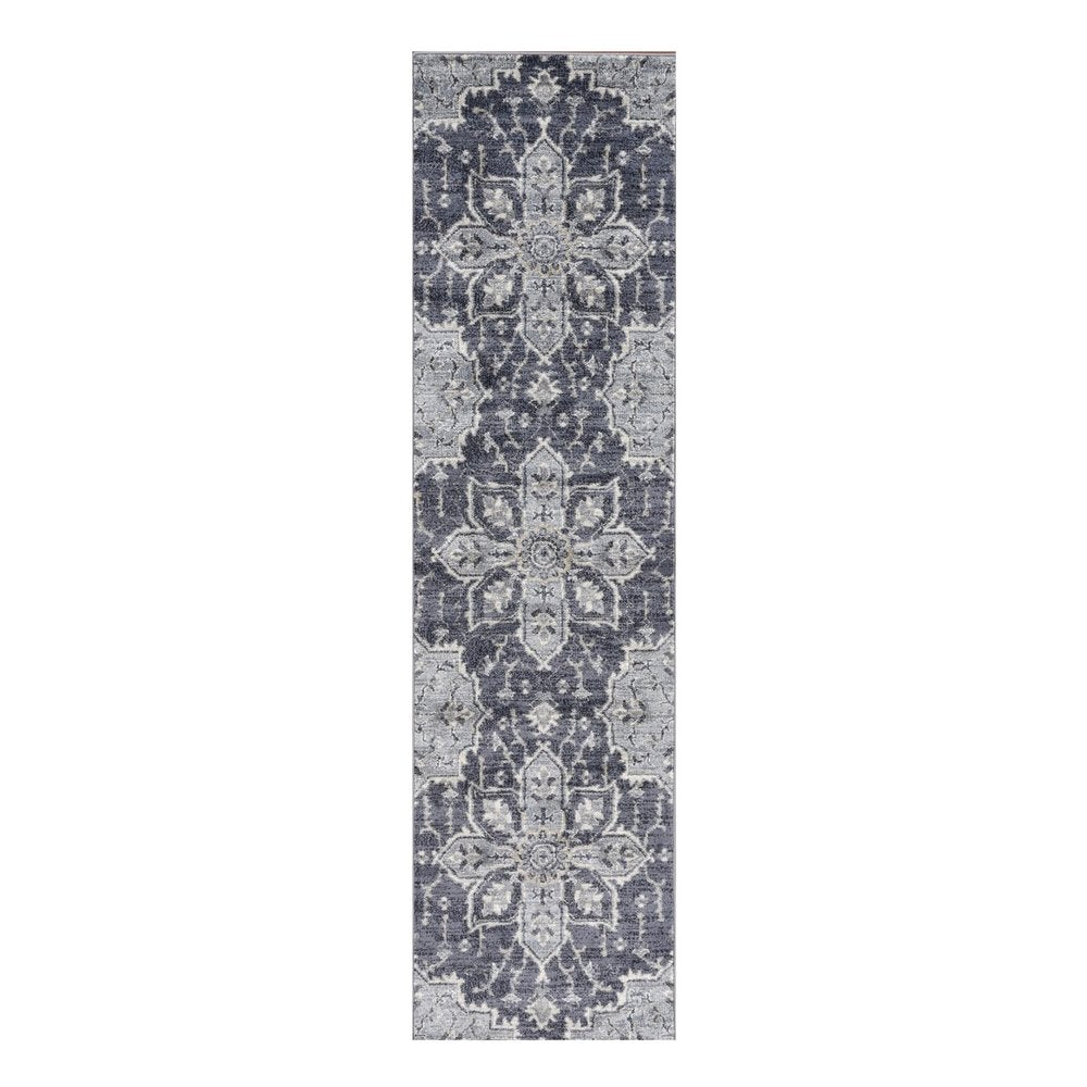 10' Ivory Gray And Blue Floral Medallion Runner Rug