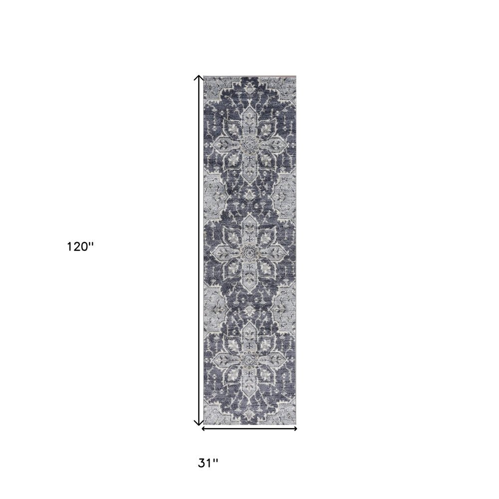10' Ivory Gray And Blue Floral Medallion Runner Rug
