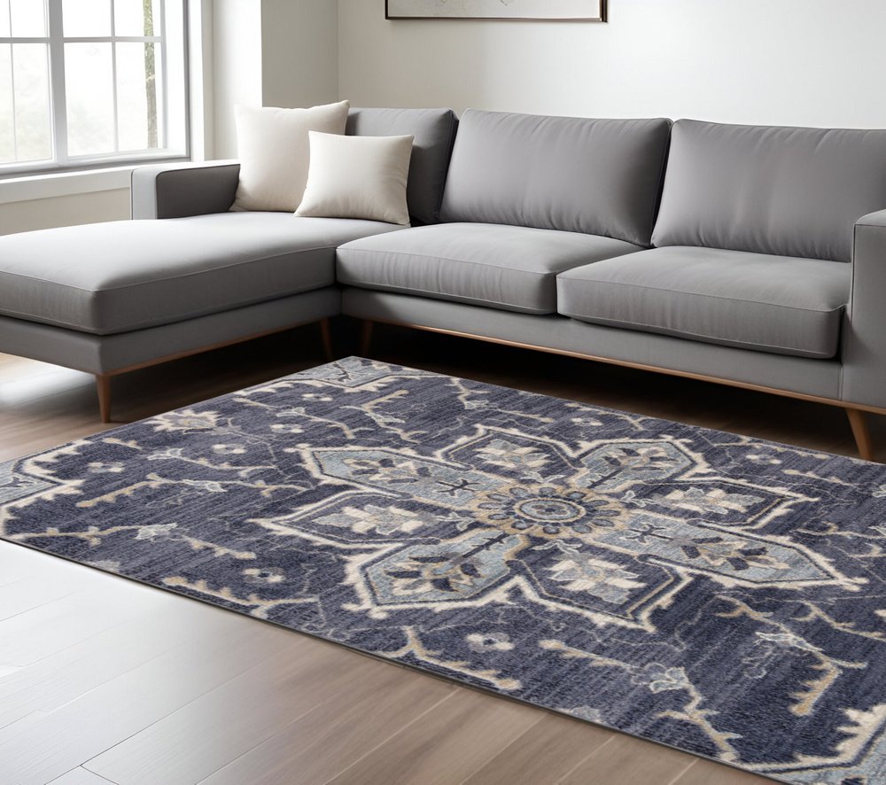 10' Ivory Gray And Blue Floral Medallion Runner Rug