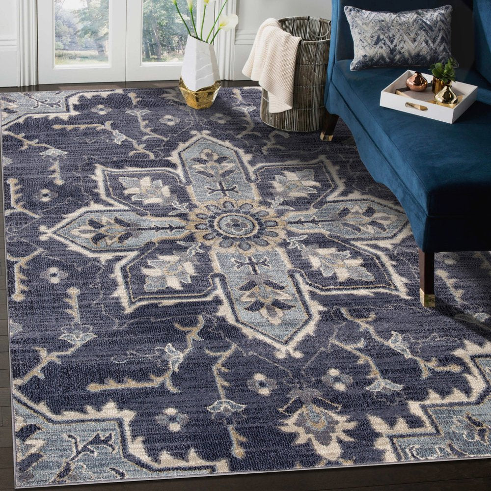 10' Ivory Gray And Blue Floral Medallion Runner Rug